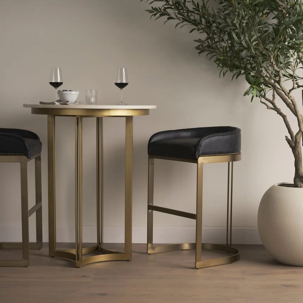 Derek Black Leather | Antiqued Gold Metal | Bar Stool 2 Derek Black Leather | Antiqued Gold Metal | Bar Stool - Image 2