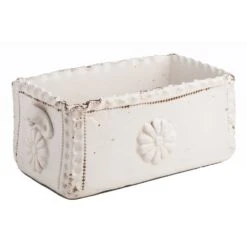 White Scalloped Edge Planter, Flower Design, Rectangle