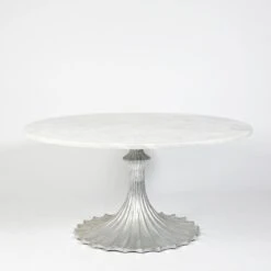 Flute Table 60 White Marble Top W/34 Silver Leaf Base