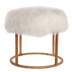 Stud Pouf-Gold Leaf-White Fur -France and So Furniture 34417