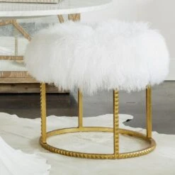 Stud Pouf-Gold Leaf-White Fur -France and So Furniture 34418