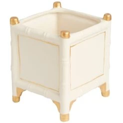 Bamboo Cachepot, White/Gold, Large Set Of 2
