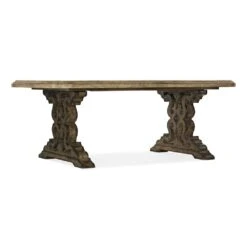 Montgomery Le Vieux Double Pedestal Dining Table With 2 -18 In Leaves - Beige Brown Grey Natural - Resin Wood - Rectangle