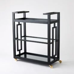 Grid Block Bar Cart-Black Lacquer With Shiny Brass Wheels
