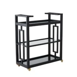 Grid Block Bar Cart-Black Lacquer With Shiny Brass Wheels -France and So Furniture 84165