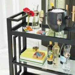Grid Block Bar Cart-Black Lacquer With Shiny Brass Wheels -France and So Furniture 84652