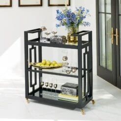 Grid Block Bar Cart-Black Lacquer With Shiny Brass Wheels -France and So Furniture 84661