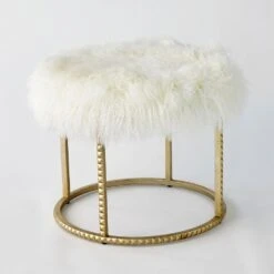 Stud Pouf-Gold Leaf-White Fur