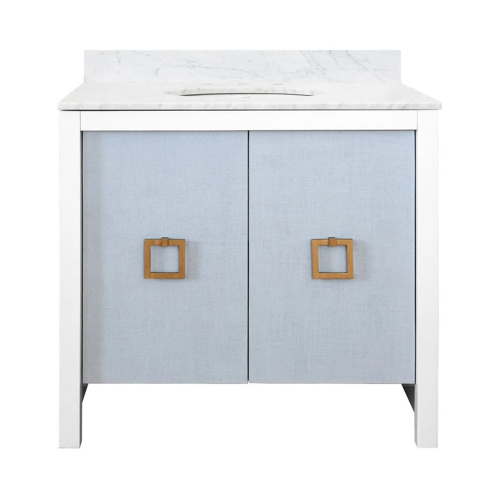 April - Bath Vanity With Textured Light Blue Linen Doors, Matte White Lacquer Surround, Ant Brass Hardware, White Marble Top, And Porcelain Sink 1 April - Bath Vanity With Textured Light Blue Linen Doors, Matte White Lacquer Surround, Ant Brass Hardware, White Marble Top, And Porcelain Sink