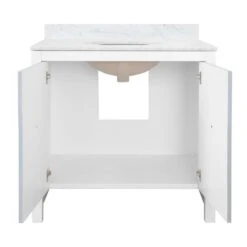 April - Bath Vanity With Textured Light Blue Linen Doors, Matte White Lacquer Surround, Ant Brass Hardware, White Marble Top, And Porcelain Sink 7 April - Bath Vanity With Textured Light Blue Linen Doors, Matte White Lacquer Surround, Ant Brass Hardware, White Marble Top, And Porcelain Sink -France and So Furniture APRIL 20LB INTERIOR