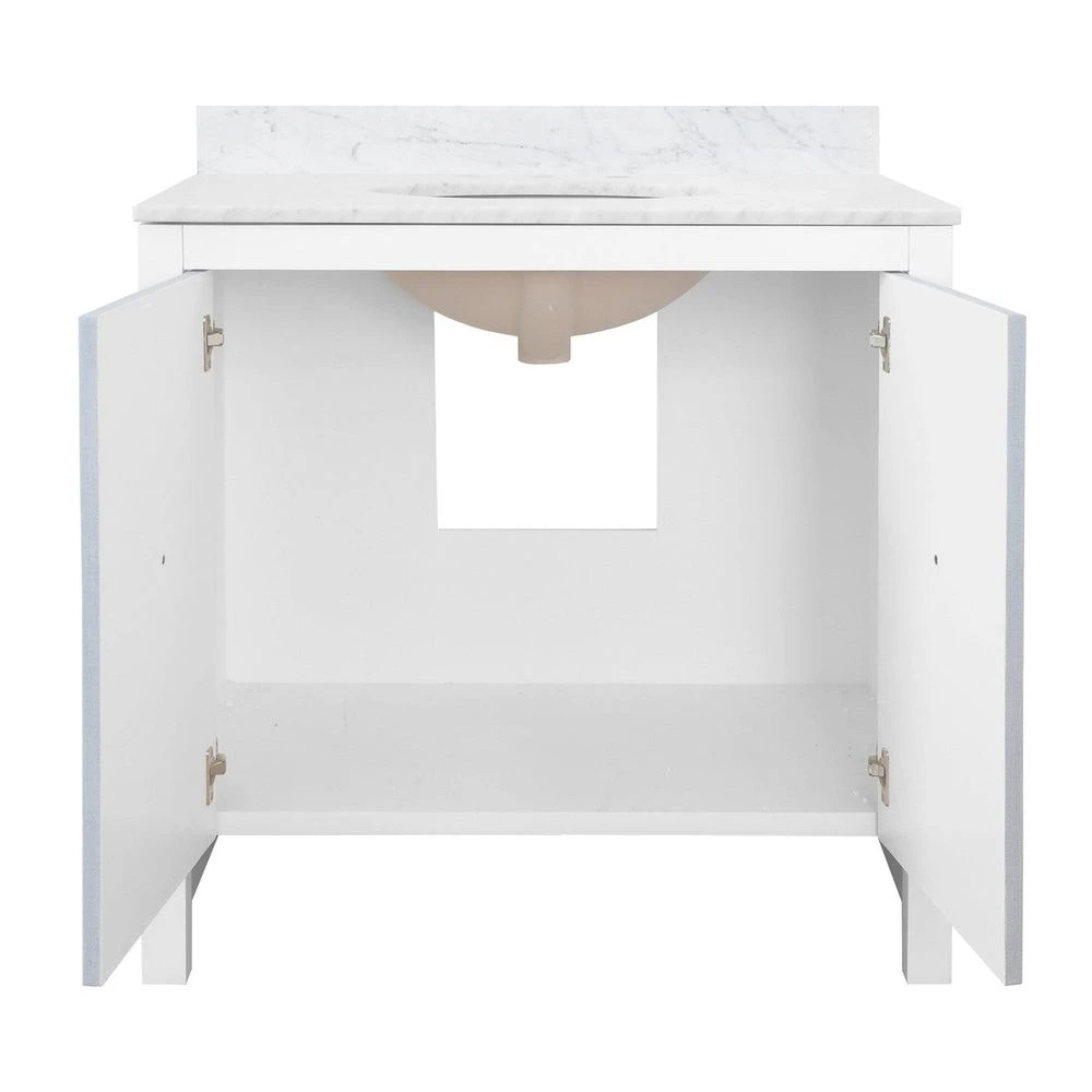 April - Bath Vanity With Textured Light Blue Linen Doors, Matte White Lacquer Surround, Ant Brass Hardware, White Marble Top, And Porcelain Sink 4 April - Bath Vanity With Textured Light Blue Linen Doors, Matte White Lacquer Surround, Ant Brass Hardware, White Marble Top, And Porcelain Sink - Image 4
