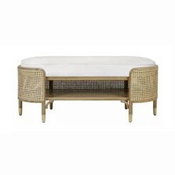 Beale - Oval Bench In Cerused Oak And Natural Cane With White Linen Cushion