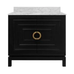Bixby - Bath Vanity In Matte Black Lacquer With Antique Brass Circle Hardware, White Marble Top, And Porcelain Sink