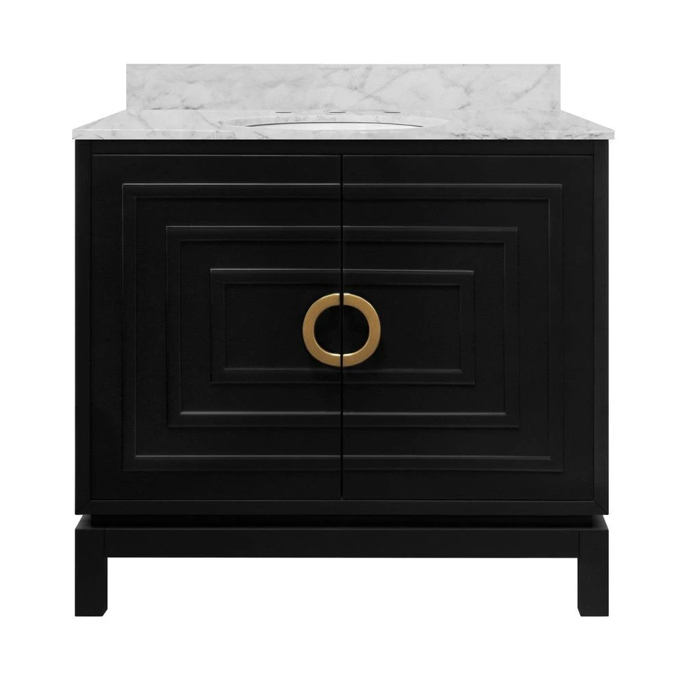 Bixby - Bath Vanity In Matte Black Lacquer With Antique Brass Circle Hardware, White Marble Top, And Porcelain Sink 1 Bixby - Bath Vanity In Matte Black Lacquer With Antique Brass Circle Hardware, White Marble Top, And Porcelain Sink