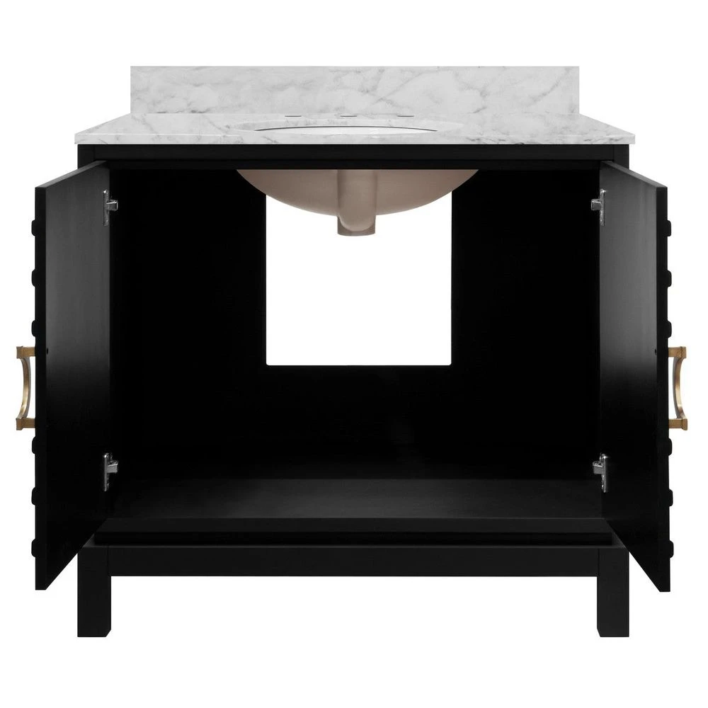 Bixby - Bath Vanity In Matte Black Lacquer With Antique Brass Circle Hardware, White Marble Top, And Porcelain Sink 2 Bixby - Bath Vanity In Matte Black Lacquer With Antique Brass Circle Hardware, White Marble Top, And Porcelain Sink - Image 2