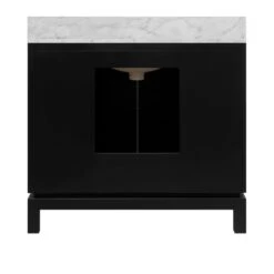 Bixby - Bath Vanity In Matte Black Lacquer With Antique Brass Circle Hardware, White Marble Top, And Porcelain Sink 6 Bixby - Bath Vanity In Matte Black Lacquer With Antique Brass Circle Hardware, White Marble Top, And Porcelain Sink -France and So Furniture BIXBY 20BLK BACK
