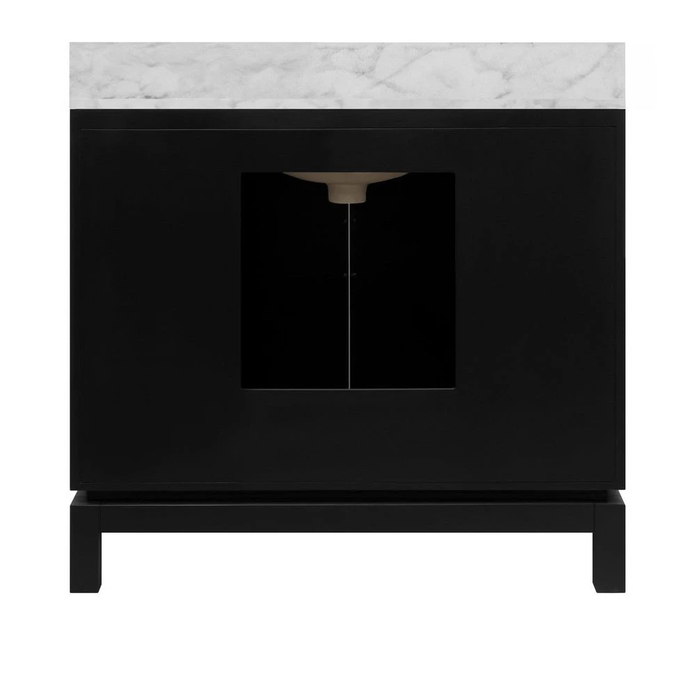 Bixby - Bath Vanity In Matte Black Lacquer With Antique Brass Circle Hardware, White Marble Top, And Porcelain Sink 3 Bixby - Bath Vanity In Matte Black Lacquer With Antique Brass Circle Hardware, White Marble Top, And Porcelain Sink - Image 3