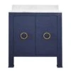 Blanche - Bath Vanity In Textured Navy Linen W/ Ant. Brass Hardware, White Marble Top, And Porcelain Sink