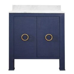Blanche - Bath Vanity In Textured Navy Linen W/ Ant. Brass Hardware, White Marble Top, And Porcelain Sink