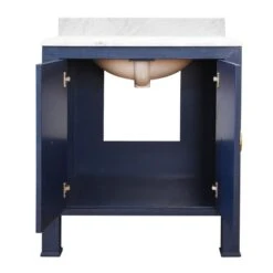 Blanche - Bath Vanity In Textured Navy Linen W/ Ant. Brass Hardware, White Marble Top, And Porcelain Sink -France and So Furniture BLANCHE 20NVY INTERIOR