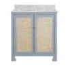 Boyd - Bath Vanity In Matte Light Blue Lacquer With Cane Front Doors, White Marble Top, Porcelain Sink, And Polished Brass Knobs