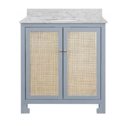 Boyd - Bath Vanity In Matte Light Blue Lacquer With Cane Front Doors, White Marble Top, Porcelain Sink, And Polished Brass Knobs
