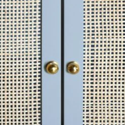 Boyd - Bath Vanity In Matte Light Blue Lacquer With Cane Front Doors, White Marble Top, Porcelain Sink, And Polished Brass Knobs -France and So Furniture BOYD 20LB DETAIL