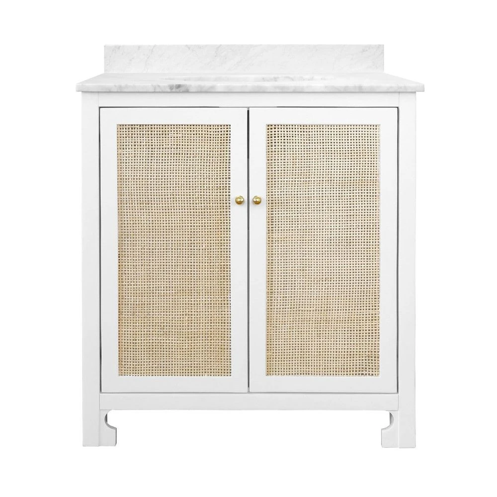 Boyd - Bath Vanity In Matte White Lacquer With Cane Front Doors, White Marble Top, And Porcelain Sink 1 Boyd - Bath Vanity In Matte White Lacquer With Cane Front Doors, White Marble Top, And Porcelain Sink