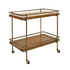 Cash - Antique Brass Bar Cart With Shelves In Dark Burl Wood -France and So Furniture CASH 20DBW ANGLE