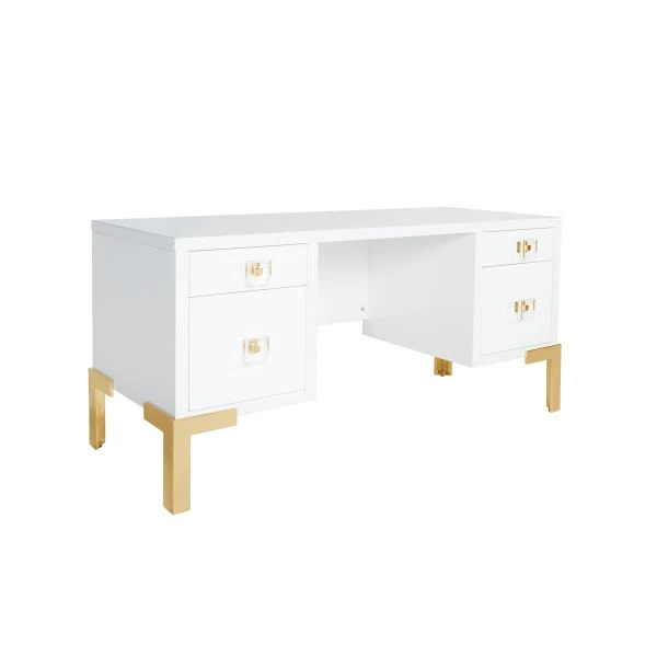 Cosby - Four Drawer Desk In White Lacquer With Brass Base 1 Cosby - Four Drawer Desk In White Lacquer With Brass Base