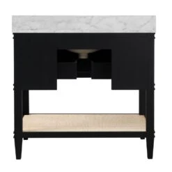 Cutler - Bath Vanity In Matte Black Lacquer With Open Cane Shelf, White Marble Top, Porcelain Sink, And Antique Brass Ring Hardware -France and So Furniture CUTLER 20BLK BACK