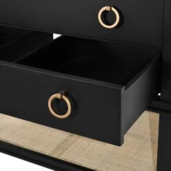 Cutler - Bath Vanity In Matte Black Lacquer With Open Cane Shelf, White Marble Top, Porcelain Sink, And Antique Brass Ring Hardware -France and So Furniture CUTLER 20BLK DETAIL 201