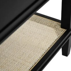 Cutler - Bath Vanity In Matte Black Lacquer With Open Cane Shelf, White Marble Top, Porcelain Sink, And Antique Brass Ring Hardware -France and So Furniture CUTLER 20BLK DETAIL 205