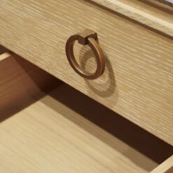 Cutler - Bath Vanity In Cerused Oak With Open Cane Shelf, White Marble Top, Porcelain Sink, And Antique Brass Ring Hardware -France and So Furniture CUTLER 20CO DETAIL 201