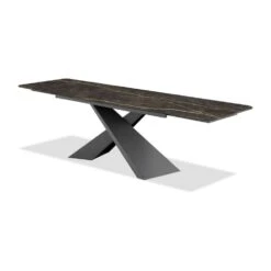 Century Double Extension Dining Table Noir Desir Ceramic Top, Black Powder Coated Steel Base -France and So Furniture DTA CENT NODE PCBLA
