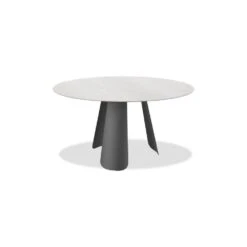 Palazzo Round Dining Table White Ceramic Top, Black Powder Coated Steel Base
