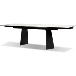 Prism Double Extension Dining Table Carrara White Ceramic Top, Black Powder Coated Steel Base