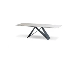 The W Double Extension Dining Table Carrara White Ceramic Top, Black Powder Coated Steel Base
