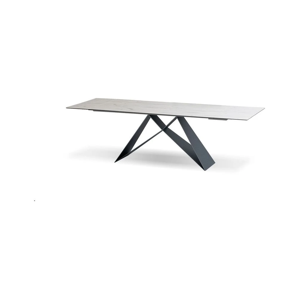 The W Double Extension Dining Table Carrara White Ceramic Top, Black Powder Coated Steel Base 1 The W Double Extension Dining Table Carrara White Ceramic Top, Black Powder Coated Steel Base