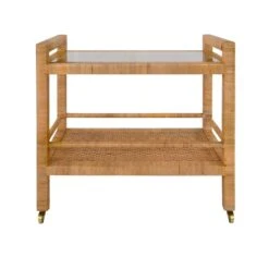 Elsie - Two Tier Rectangle Bar Cart In Natural Rattan With Brass Casters