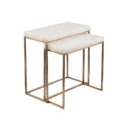 Set Of Two Calcite And Antique Brass Nesting Tables - Gold
