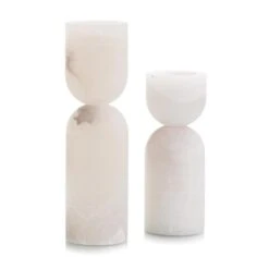 Set Of Two Stone/ Alabaster Candleholders - White