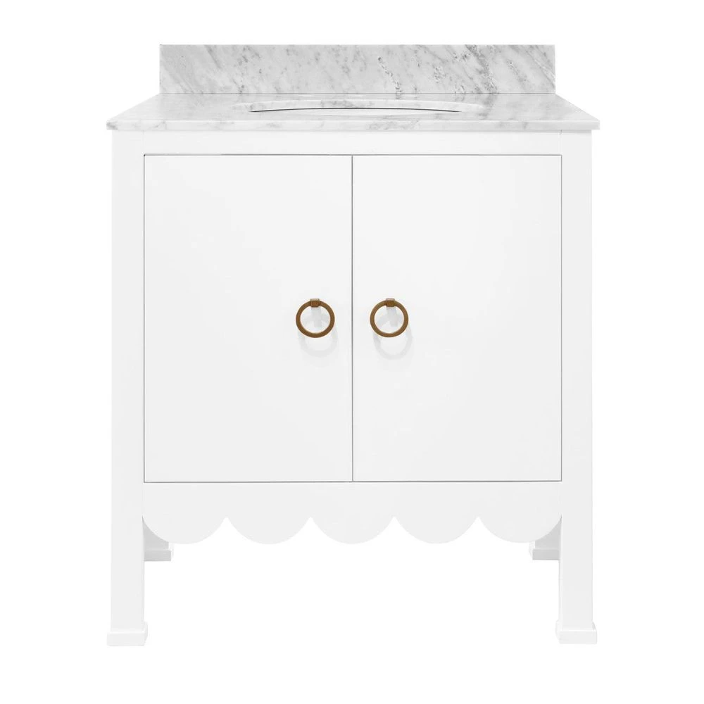 Kealey - Bath Vanity With Scallop Detail In Matte White Lacquer With White Marble Top And Porcelain Sink 1 Kealey - Bath Vanity With Scallop Detail In Matte White Lacquer With White Marble Top And Porcelain Sink