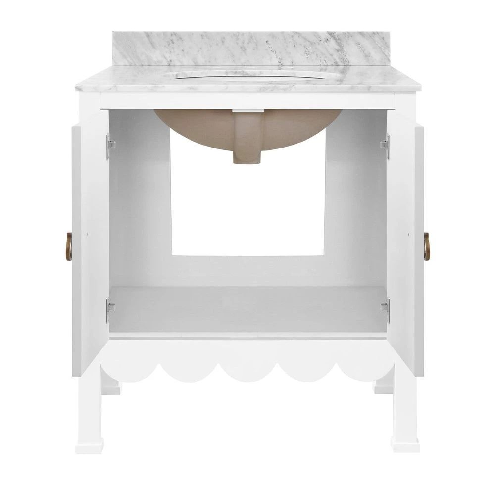 Kealey - Bath Vanity With Scallop Detail In Matte White Lacquer With White Marble Top And Porcelain Sink 2 Kealey - Bath Vanity With Scallop Detail In Matte White Lacquer With White Marble Top And Porcelain Sink - Image 2