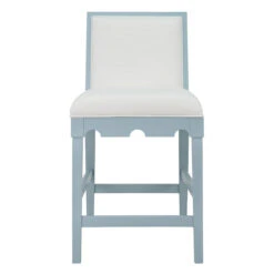 Square Back Counter Stool With Decorative Apron In Matte Light Blue Lacquer With Performance White Linen Upholstery