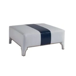 Sheffield Blue Stipe Cocktail Leather Ottoman