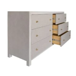 Lowery Six Drawer Chest In Grey Grasscloth With Grey Linen Drawers And Brass Hardware -France and So Furniture LOWERY 20GRY OPEN