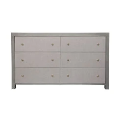 Lowery Six Drawer Chest In Grey Grasscloth With Grey Linen Drawers And Brass Hardware