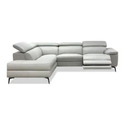 Camello Lsf Chaise Sectional Silver Full Top Grain Semi-Analine Leather With Electric Recliner , Adjustable Headrest Mechanism/Black Powder Coated Legs