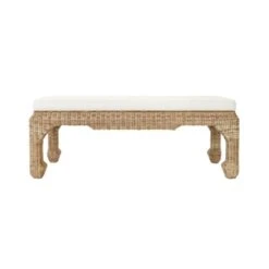 Massey - Ming Style Bench In Woven Rattan With Ivory Linen Cushion